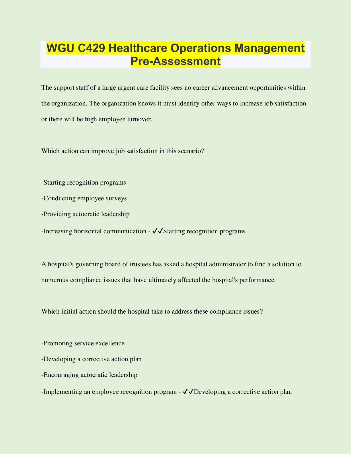 Preview of WGU C429 Healthcare Operations Management Pre-Assessment | Questions with 100% Correct Ans